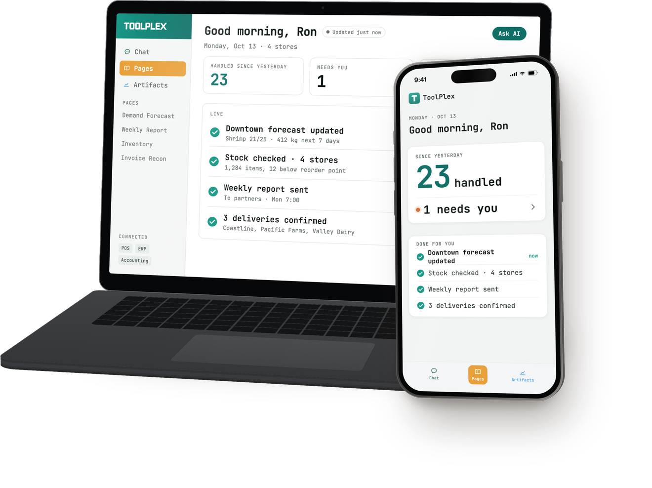ToolPlex on a laptop and a phone, showing today's handled work and live updates
